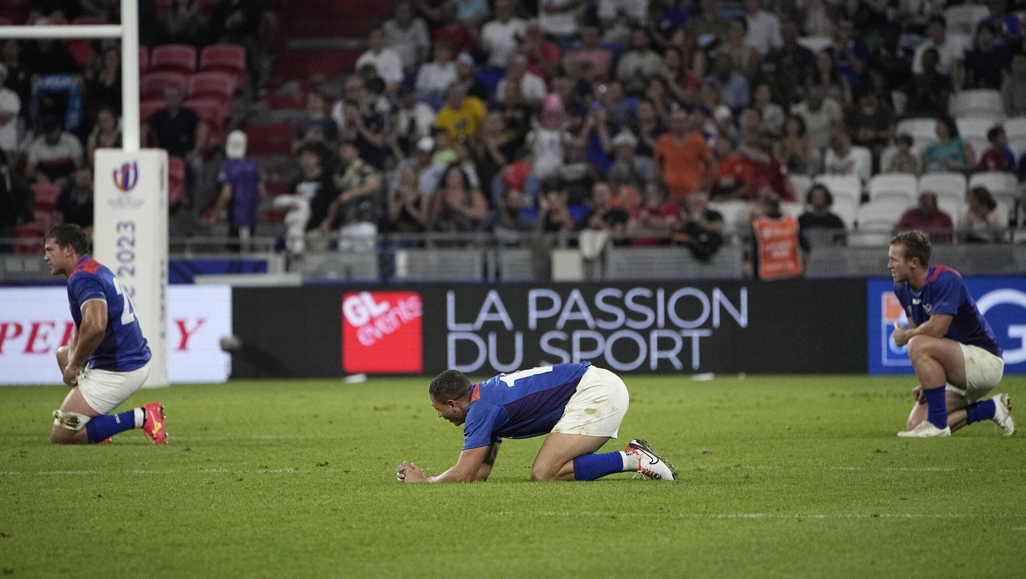 DOWN AND OUT: Namibia players react after being defeated by Uruguay during the Rugby World Cup Pool A match between Uruguay and Namibia at the OL Stadium in Lyon, France, Wednesday, Sept. 27, 2023. Pic: AP Photo/Laurent Cipriani