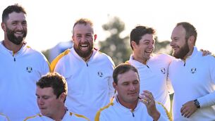 <p>ALL LAUGHS: Ahead of one of the biggest sporting TV events of the year Europe players, from left, Jon Rahm, Shane Lowry, Viktor Hovland and Tyrrell Hatton during a team photocall before the 2023 Ryder Cup at Marco Simone Golf and Country Club in Rome, Italy. Photo by Ramsey Cardy/Sportsfile</p>