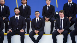 <p>Team Europe's Jon Rahm, Rory McIlroy and Robert MacIntyre during the Ryder Cup Opening Ceremony at the Marco Simone Golf and Country Club, Rome, Italy. Picture : David Davies/PA Wire.</p>