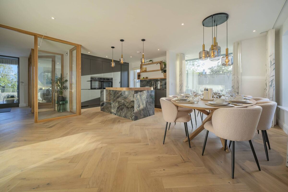 Interior open plan kitchen/dining/living, with glazed partition/wall to the hall Interior open plan kitchen/dining/living, with glazed partition/wall to the hall