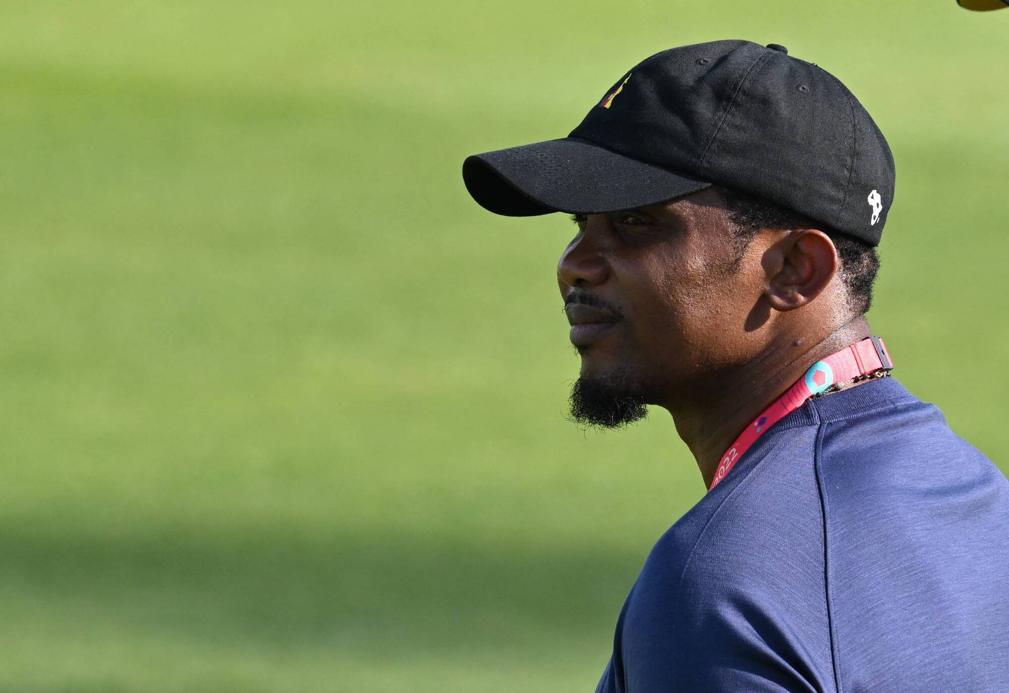 Cameroon's Football Federation president and former player Samuel Eto'O fils attends a training session on November 27, 2022 at the Al Sailiya SC in Doha on the eve of a Qatar 2022 World Cup football match between Cameroon and Serbia. (Photo by ISSOUF SANOGO / AFP) (Photo by ISSOUF SANOGO/AFP via Getty Images)
