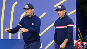<p>Scottie Scheffler, left, and Brooks Koepka made a nightmare start to day two of the Ryder Cup in Rome. Pic: Zac Goodwin/PA</p>