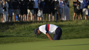 <p>Scottie Scheffler endured a miserable second morning at the Ryder Cup. Pic: Gregorio Borgia/AP</p>