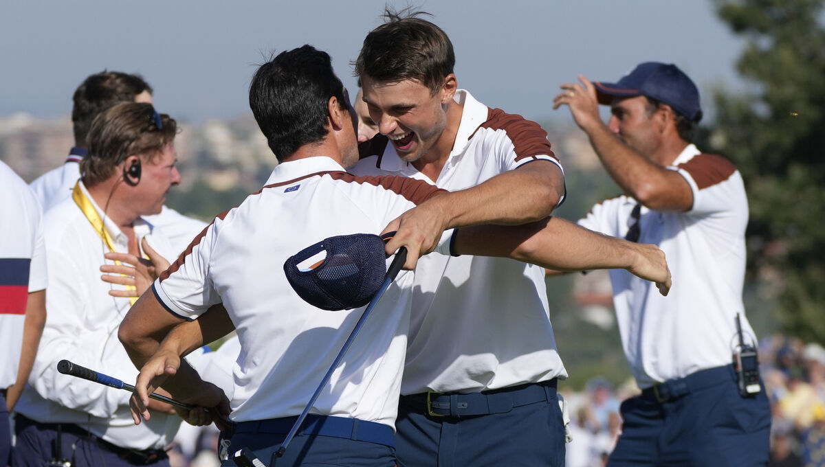 HISTORY: Viktor Hovland and Ludvig Aberg humiliated Scottie Scheffler and Brooks Koepka 9&7, the largest margin of victory in any 18-hole match in the event’s history. Pic: AP Photo/Gregorio Borgia HISTORY: Viktor Hovland and Ludvig Aberg humiliated Scottie Scheffler and Brooks Koepka 9&7, the largest margin of victory in any 18-hole match in the event’s history. Pic: AP Photo/Gregorio Borgia