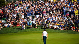 <p>EUROPE LEADING: Spectators react after Tommy Fleetwood of Europe putt for eagle on the 11th hole during the morning foursomes on day two of the 2023 Ryder Cup at Marco Simone Golf and Country Club in Rome, Italy. Pic: Ramsey Cardy/Sportsfile</p>