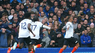 Carlton Morris (right) celebrates scoring Luton’s second goal (Peter Byrne/PA)