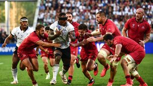 <p>OVER THE LINE: Fiji's flanker Levani Botia (3rd L) runs with the ball during the France 2023 Rugby World Cup Pool C match between Fiji and Georgia at the stade de Bordeaux in Bordeaux, southwestern France, on September 30, 2023. Pic: Christophe ARCHAMBAULT / AFP</p>