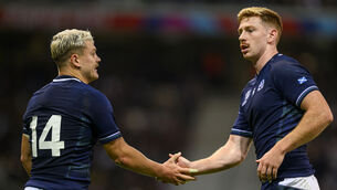<p>Scotland’s Darcy Graham celebrates after scoring with Ben Healy. Pic: ©INPHO/Craig Watson</p>