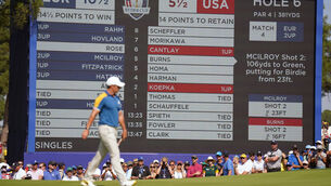 <p>MAIN MAN: Rory McIlroy on the 6th green on day three of the 44th Ryder Cup at the Marco Simone Golf and Country Club (Zac Goodwin/PA)</p>
