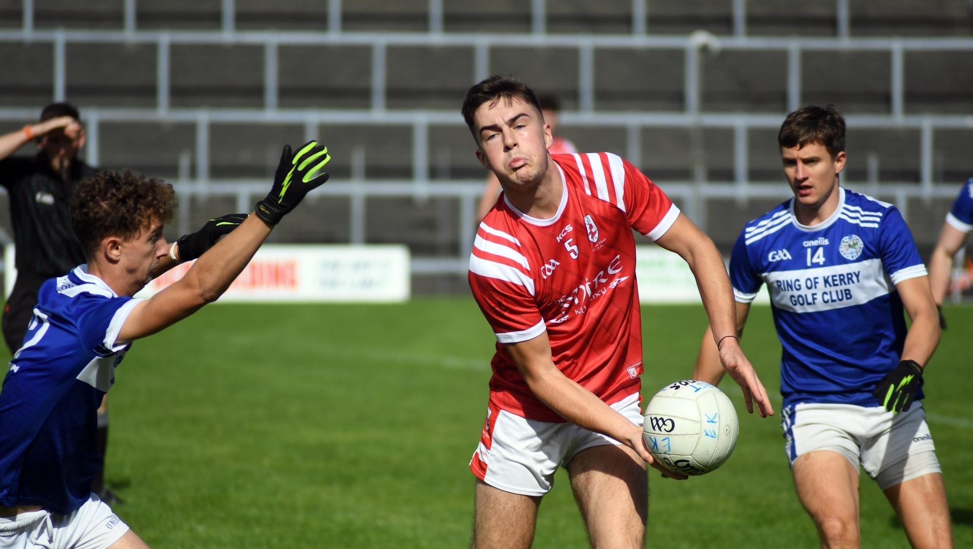 UNBEATEN: Jack Sherwood East Kerry under pressure from Templenoe's Colin Crowley and Brian Crowley in the County Senior Football Chamionship Group1, Round 3 game in Killarney on Sunday. Pic: Don MacMonagle
