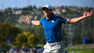 <p>MAIN MAN: Rory McIlroy of Europe celebrates a putt on the 15th hole. Picture: Ramsey Cardy/Sportsfile</p>
