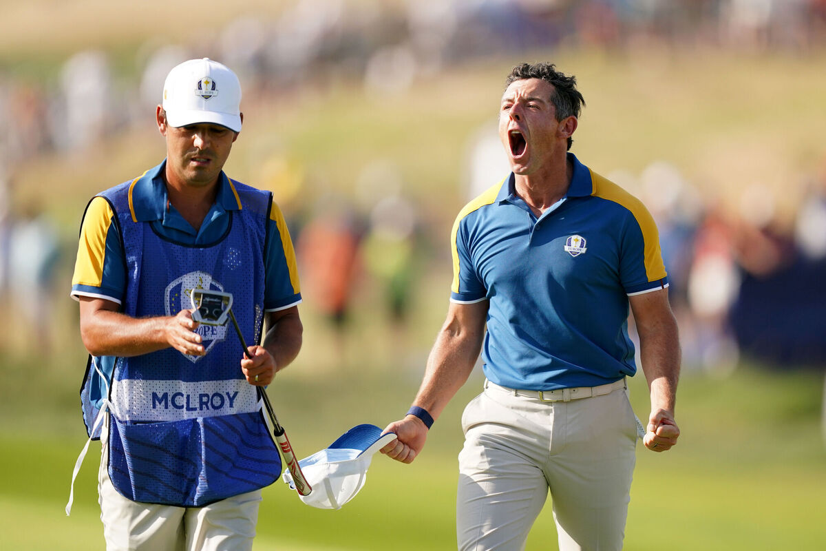 Team Europe's Rory Mcilroy celebrates his shot on the 17th during day three of the 44th Ryder Cup. Picture: Zac Goodwin/PA