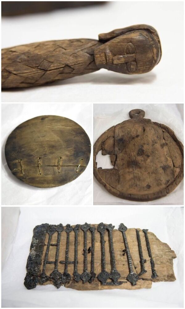 Clockwise from top: The carved head on the handle of the ‘sword’usedforweavigfromtheartefactsfound during the excavations; The wooden back of an early mirror from the collectionofartefactsfoundduring the excavations in Cork; A wooden box with iron from the collection of Viking artefacts found during the Beamish & Crawford excavations in Cork; and the lid with a wire repair from the collection of artefacts found during the Beamish & Crawford excavations. Pictures: Dan Linehan