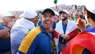 <p>Team Europe's Rory McIlroy celebrates after Europe regained the Ryder Cup following victory over the USA on day three of the 44th Ryder Cup at the Marco Simone Golf and Country Club, Rome, Italy. Picture date: Sunday October 1, 2023.</p>