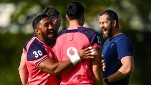 <p>ALL SMILES: Head coach Andy Farrell laughs with Bundee Aki and Conor Murray during an Ireland rugby squad training session at Complexe de la Chambrerie in Tours. Pic: Harry Murphy/Sportsfile</p>