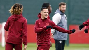 <p>BACK IN THE MIX: Manchester United's Antony during a training session at the Trafford Training Centre in Carrington. Pic: Richard Sellers/PA Wire</p>