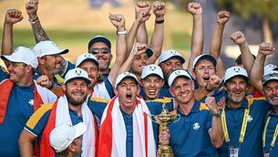 <p>TEAM EFFORT: Europe captain Luke Donald with players, including Tyrrell Hatton and Rory McIlroy, celebrate with backroom staff after the final day of the 2023 Ryder Cup at Marco Simone Golf and Country Club in Rome. Pic: Ramsey Cardy/Sportsfile</p>
