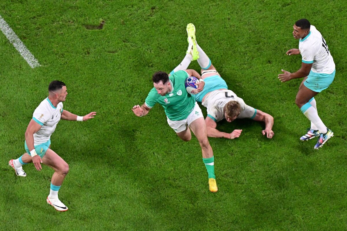 ARTIST: Ireland's full-back Hugo Keenan takes on Jesse Kriel and Pieter-Steph du Toit at the Stade de France