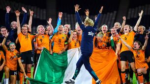 <p>FUN TIMES: Ireland players and their manager Vera Pauw celebrate qualifying for women's World Cup in Australia. Mandatory Credit ©INPHO/Ryan Byrne</p>