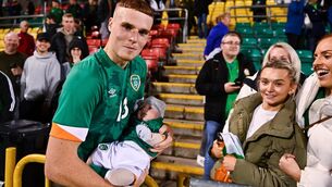 <p>FRENCH EXCHANGE: Jake O'Brien of Republic of Ireland with his nephew, Beau, after the UEFA European U21 Championship play-off first leg match between Republic of Ireland and Israel. Pic: Eóin Noonan/Sportsfile</p>