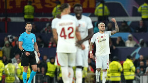 <p>WINNER, WINNER: Galatasaray's Mauro Icardi (right) celebrates scoring their side's third goal. Pic: Martin Rickett/PA Wire.</p>