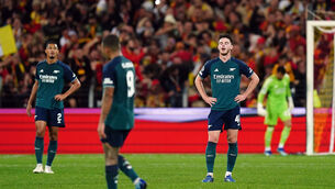 <p>DEJECTION: Arsenal’s Declan Rice reacts after the concede a second goal during the UEFA Champions League Group B match at the Stade Bollaert-Delelis. Pic: Mike Egerton/PA Wire.</p>