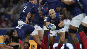 <p>INJURY COVER: France's Maxime Lucu, centre, passes the ball. Pic: AP Photo/Thibault Camus</p>