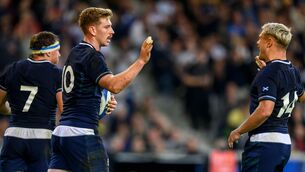<p>DANGERMEN: Scotland’s Ben Healy celebrates scoring a try with Darcy Graham. Pic: INPHO/Craig Watson</p>