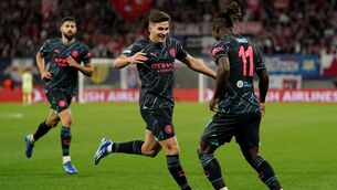<p>MATCHWINNERS: Manchester City's Julian Alvarez celebrates with Jeremy Doku after scoring their side's second goal of the game. Pic: Nick Potts/PA Wire</p>