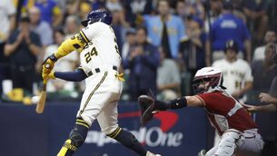 <p>AMERICA'S GAME: William Contreras of the Milwaukee Brewers singles during the eighth inning against the Arizona Diamondbacks in Game Two of the Wild Card Series. Picture: John Fisher/Getty Images</p>