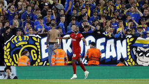 <p>Liverpool's Ryan Gravenberch celebrates scoring their side's first goal of the game.</p>