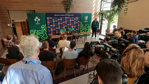 <p>NEW BASE: Head Coach Andy Farrell and Jonathan Sexton face the press on Thursday. Picture: INPHO/Dan Sheridan</p>