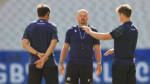 <p>BRAINS TRUST: Head coach Gregor Townsend with his staff during the Scotland captain's run. Pic: INPHO/Billy Stickland</p>