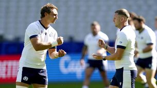 <p>TAKE YOUR CHANCE: Scotland's Jamie Ritchie (left) and Finn Russell play rock paper scissors during the team run at the Stade de France in Saint-Denis. Pic: Andrew Matthews/PA Wire</p>