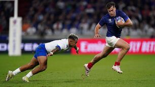 <p>CATCH ME IF YOU CAN: Italy's Pierre Bruno tries to tackle France's Damian Penaud during the Rugby World Cup 2023, Pool A match at OL Stadium in Lyon. Pic: Adam Davy/PA Wire</p>