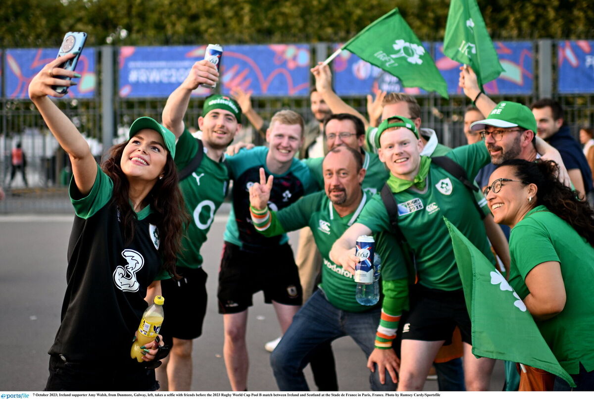 EASY BEING GREEN: Ireland supporter Amy Walsh, from Dunmore, Galway, left, takes a selfie with friends in Paris. Picture: Ramsey Cardy/Sportsfile EASY BEING GREEN: Ireland supporter Amy Walsh, from Dunmore, Galway, left, takes a selfie with friends in Paris. Picture: Ramsey Cardy/Sportsfile