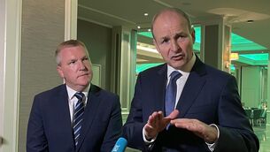 <p>Minister for Finance Michael McGrath and Tánaiste and Minister for Foreign Affairs Micheál Martin answer questions about the budget ahead of a Fianna Fáil party event in Dublin. Picture date: Saturday October 7, 2023.</p>