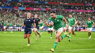 <p>FLYING: Hugo Keenan scores Ireland's second try, a beautifully orchestrated move. </p>