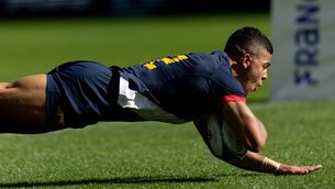 <p>FULL STRETCH: Santiago Chocobares of Argentina dives to score a try against Japan. Pic: INPHO/Juan Gasparini</p>