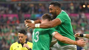 <p>JOB WELL DONE: Garry Ringrose of Ireland, left, is congratulated by teammate Bundee Aki after scoring his side's sixth try against Scotland. Pic: Brendan Moran/Sportsfile</p>