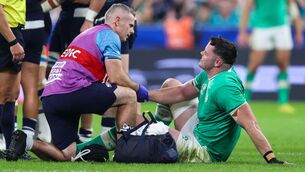 <p>INJURY CONCERN: Ireland’s James Ryan receives treatment after going down injured against Scotland. Pic: INPHO/Dan Sheridan</p>
