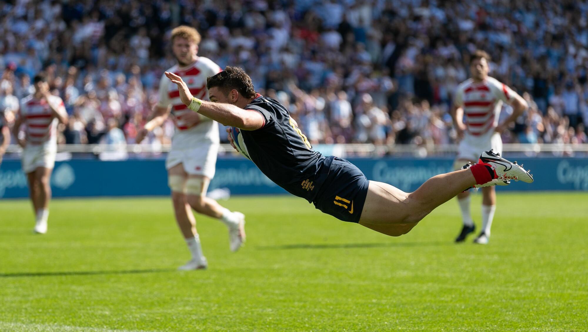ACROBATIC: Mateo Carreras of Argentina scores a try against Japan. Pic: INPHO/Juan Gasparini