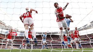 <p>VITAL INTERVENTION: Declan Rice of Arsenal clears the ball during the Premier League match against Manchester City at Emirates Stadium. Pic: Ryan Pierse/Getty Images</p>