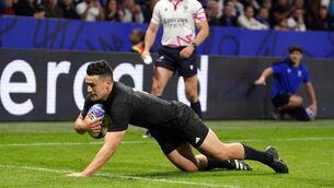 <p>EASY WIN: New Zealand's Will Jordan scores a try during the Rugby World Cup Pool A win over Uruguay at the OL Stadium in Lyon. Pic: Adam Davy/PA Wire</p>