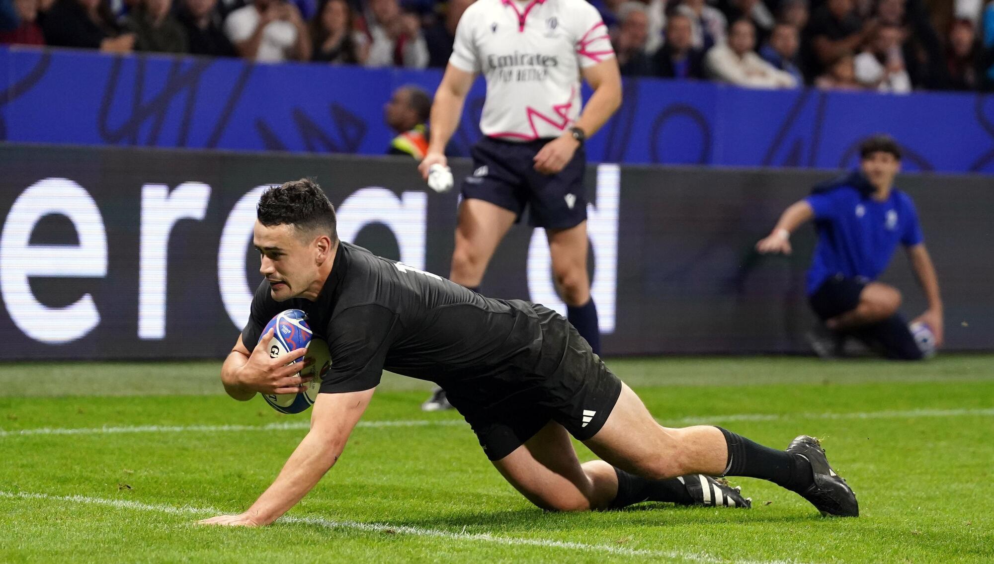 EASY WIN: New Zealand's Will Jordan scores a try during the Rugby World Cup Pool A win over Uruguay at the OL Stadium in Lyon. Pic: Adam Davy/PA Wire