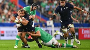 <p>MORE TO GIVE: Pierre Schoeman of Scotland is tackled by Ireland players Caelan Doris, left, and Iain Henderson during the Rugby World Cup Pool B match at the Stade de France. Pic: Brendan Moran/Sportsfile</p>