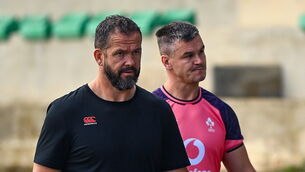 <p>Head coach Andy Farrell and Jonathan Sexton during an Ireland rugby squad training session at Stade Omnisports des Fauvettes in Domont on Tuesday. Picture: Harry Murphy/Sportsfile</p>