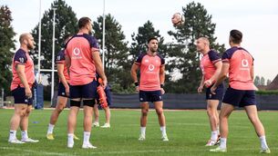 <p>HEAD TENNIS: Keith Earls heads a ball at Stade Omnisports des Fauvettes, in Domont. Pic: INPHO/Dan Sheridan</p>