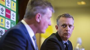 <p>NO PREMATURE PARTING OF WAYS: FAI Chief Executive Jonathan Hill and Manager Stephen Kenny. Pic: ©INPHO/Evan Treacy.</p>