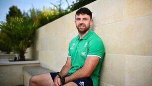 <p>X-FACTOR: Hugo Keenan poses for a portrait after an Ireland Rugby media conference at Stade Omnisports des Fauvettes in Domont. Photo by Harry Murphy/Sportsfile</p>